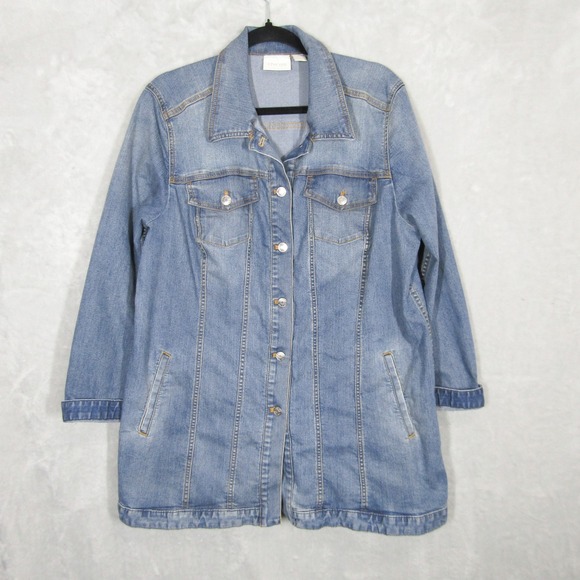 Chicos Denim Jacket Women's XL Size 3 Button Front Longline Jean - Picture 1 of 9